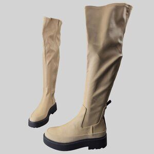 Franco Sarto Thigh High Platform Boots Size 9 Beige Faux Leather Tall Lug Grunge